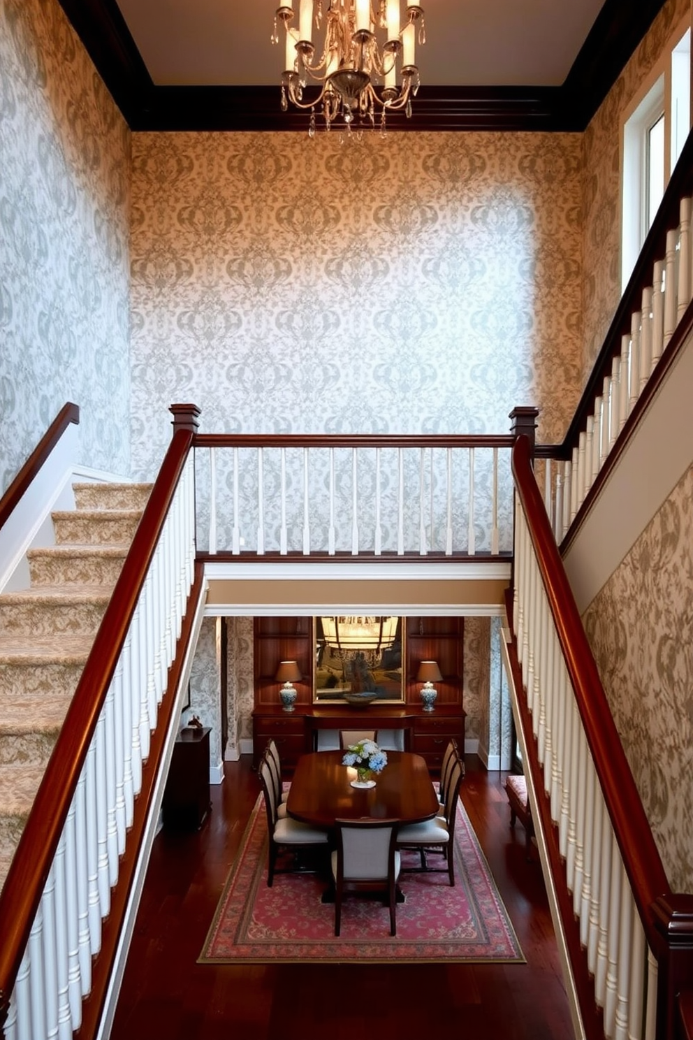 A stunning staircase with decorative wallpaper as a backdrop. The wallpaper features an intricate floral pattern in soft pastel colors, creating a warm and inviting atmosphere. The staircase is elegantly designed with a polished wooden railing and white balusters. Below, a stylish dining room is visible, showcasing a large wooden table surrounded by upholstered chairs and a statement chandelier above.