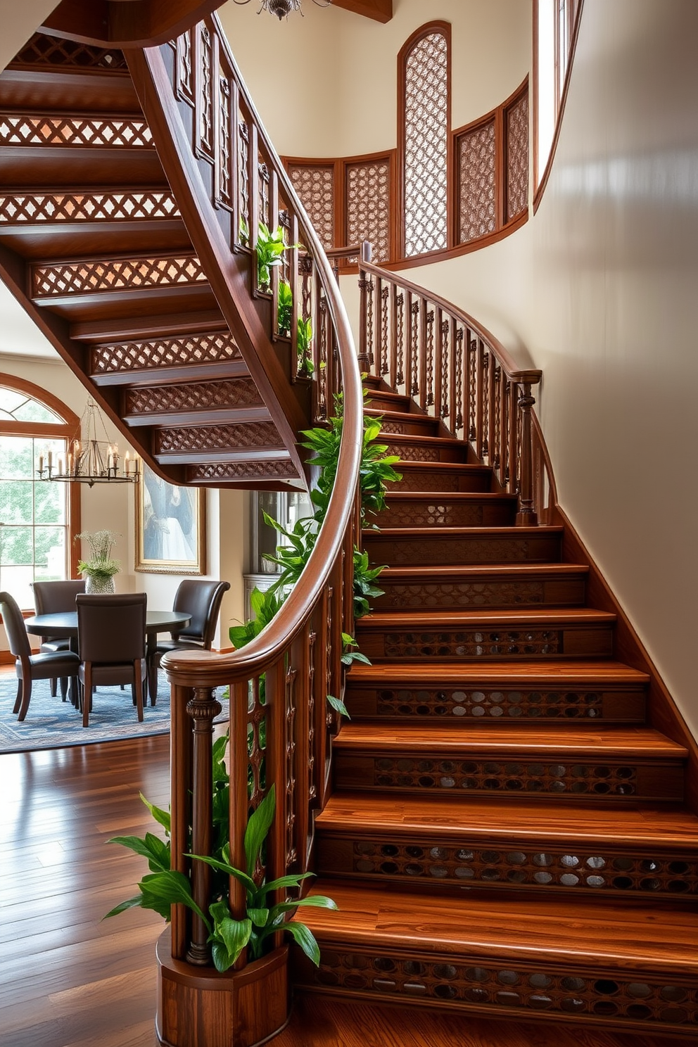 A multi-level dining area featuring a stylish wooden staircase that provides access to the upper level. The dining table is elegantly set with fine china and surrounded by plush upholstered chairs, creating an inviting atmosphere. The staircase is designed with sleek glass railings that enhance the modern aesthetic of the space. Soft ambient lighting highlights the dining area, while large windows allow natural light to flood the room, creating a warm and welcoming environment.