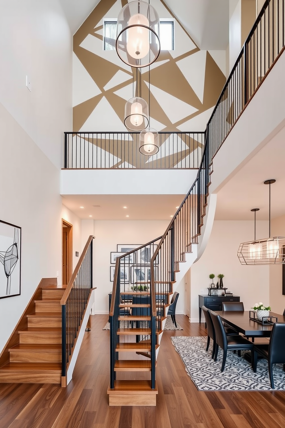 A contemporary staircase featuring geometric patterns that create a striking visual impact. The staircase is constructed from sleek wood with metal railings, and the walls are adorned with minimalist artwork that complements the design. In the dining room, the staircase serves as a focal point, seamlessly blending with the overall decor. The space is illuminated by elegant pendant lights that enhance the modern aesthetic while providing warm ambiance.