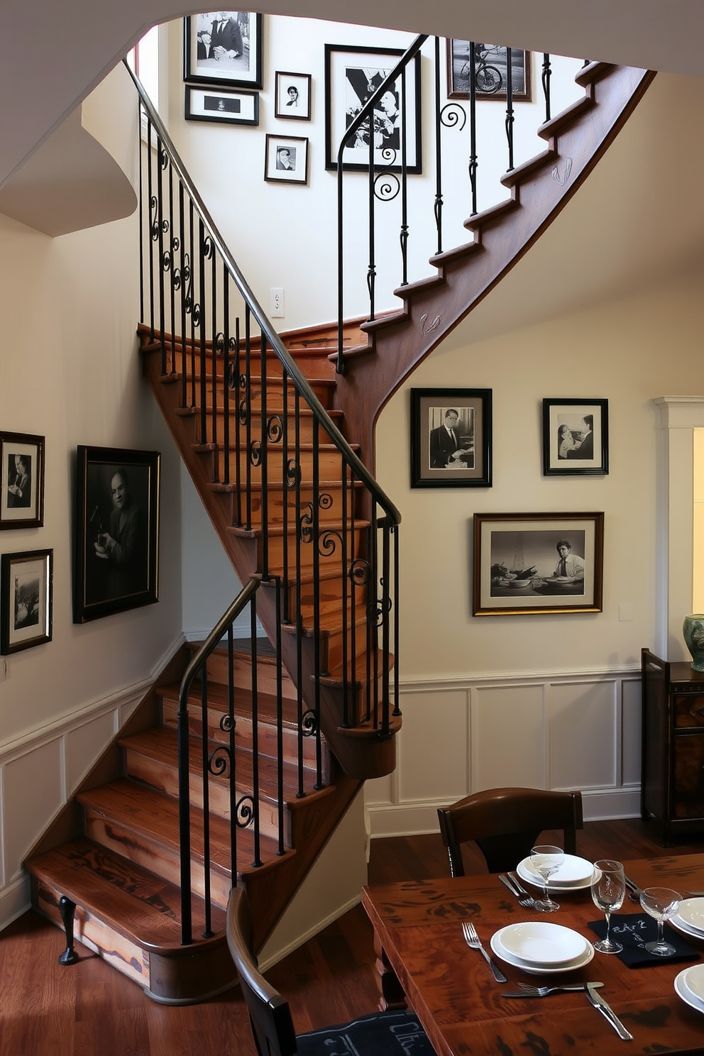 A vintage staircase with reclaimed wood steps elegantly curves upward, showcasing the natural grain and character of the wood. The surrounding walls are adorned with framed black and white photographs, adding a touch of nostalgia and warmth to the dining room space. The staircase is complemented by a wrought iron railing that enhances its classic charm. Below, a cozy dining area features a rustic wooden table set for an intimate meal, with soft lighting casting a warm glow across the room.