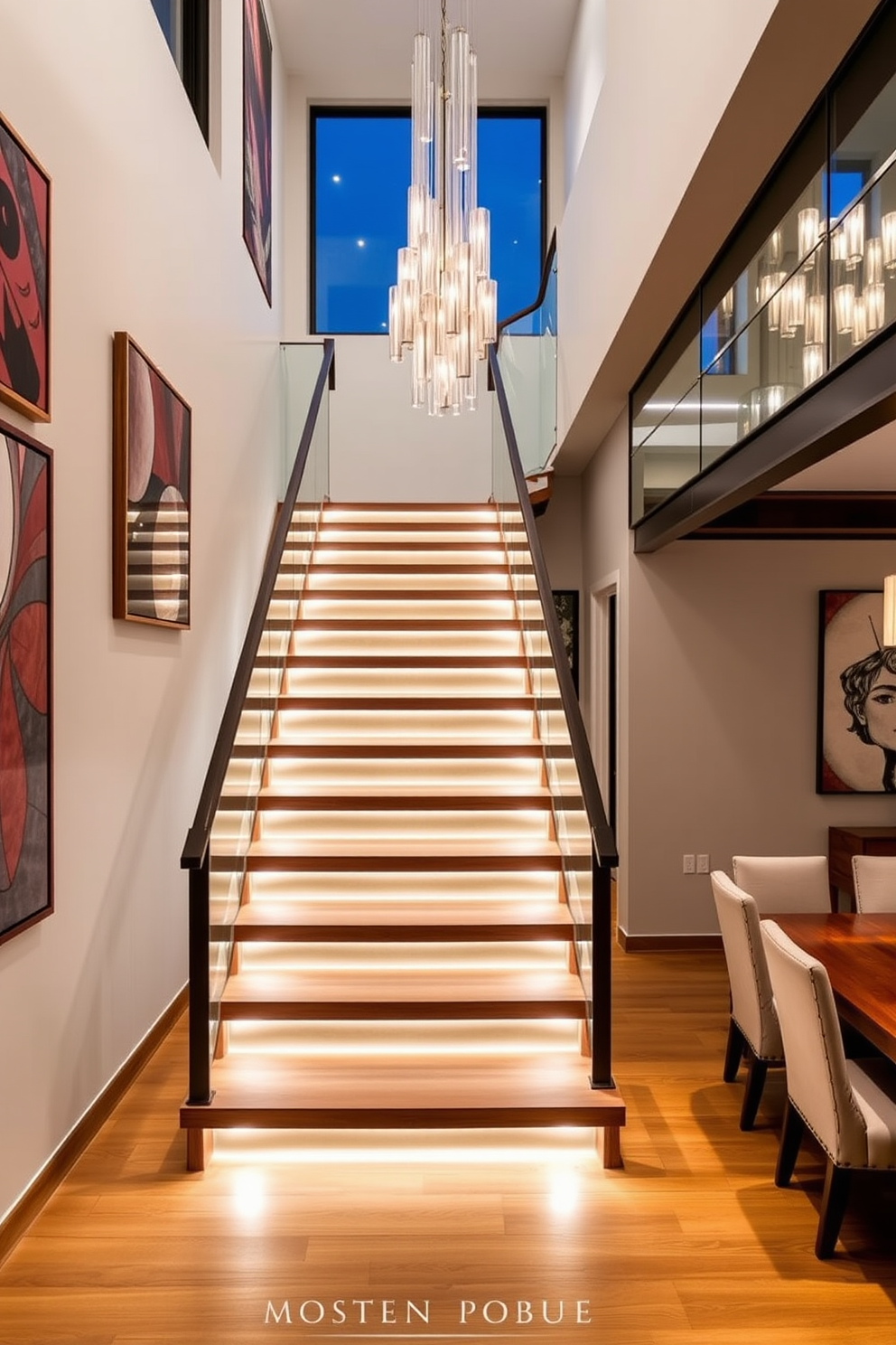 A modern staircase featuring integrated lighting that highlights the sleek wooden steps. The walls surrounding the staircase are adorned with contemporary artwork, creating a stunning focal point in the dining room. The dining room showcases a blend of elegance and functionality with a large wooden dining table. Surrounding the table are plush upholstered chairs, and a stylish chandelier hangs above, illuminating the space beautifully.