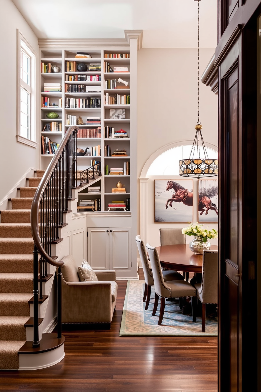 A stunning staircase adorned with lush greenery and vibrant plants creates a welcoming atmosphere. The wooden steps are complemented by a sleek metal railing that enhances the natural beauty of the surrounding foliage. In the dining room, the staircase serves as a focal point, seamlessly blending with the overall design. Elegant light fixtures hang above, illuminating the space and highlighting the rich textures of the wooden staircase and the greenery.