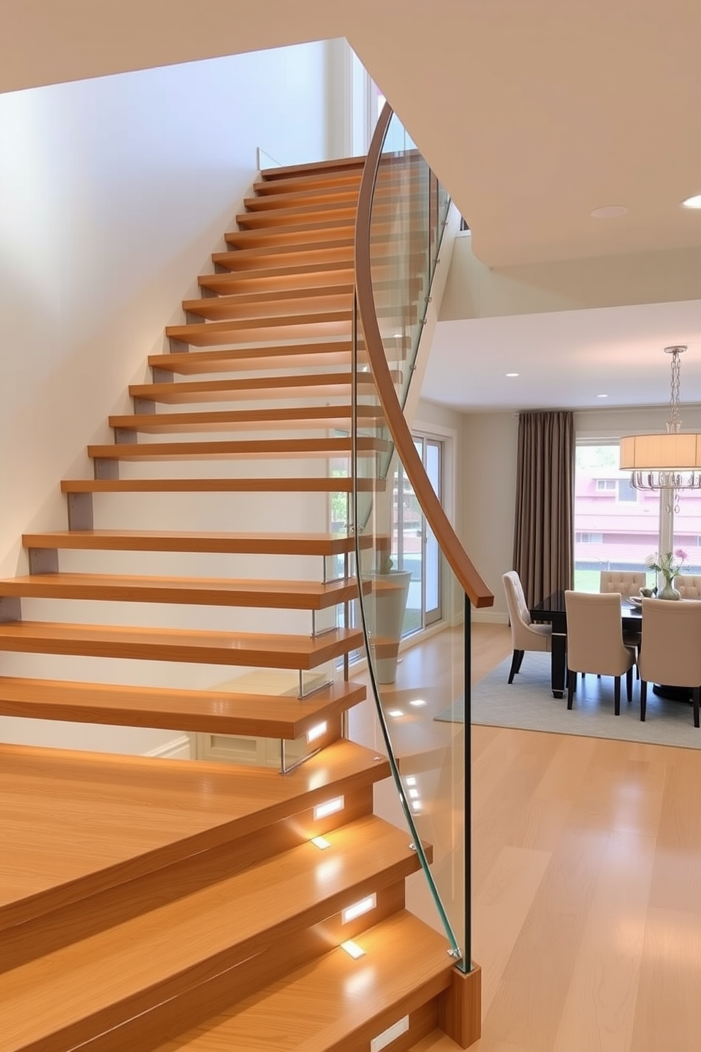 Open riser staircase featuring sleek wooden treads with integrated LED light fixtures illuminating each step. The staircase is surrounded by a contemporary dining room with a large glass dining table and elegant upholstered chairs.