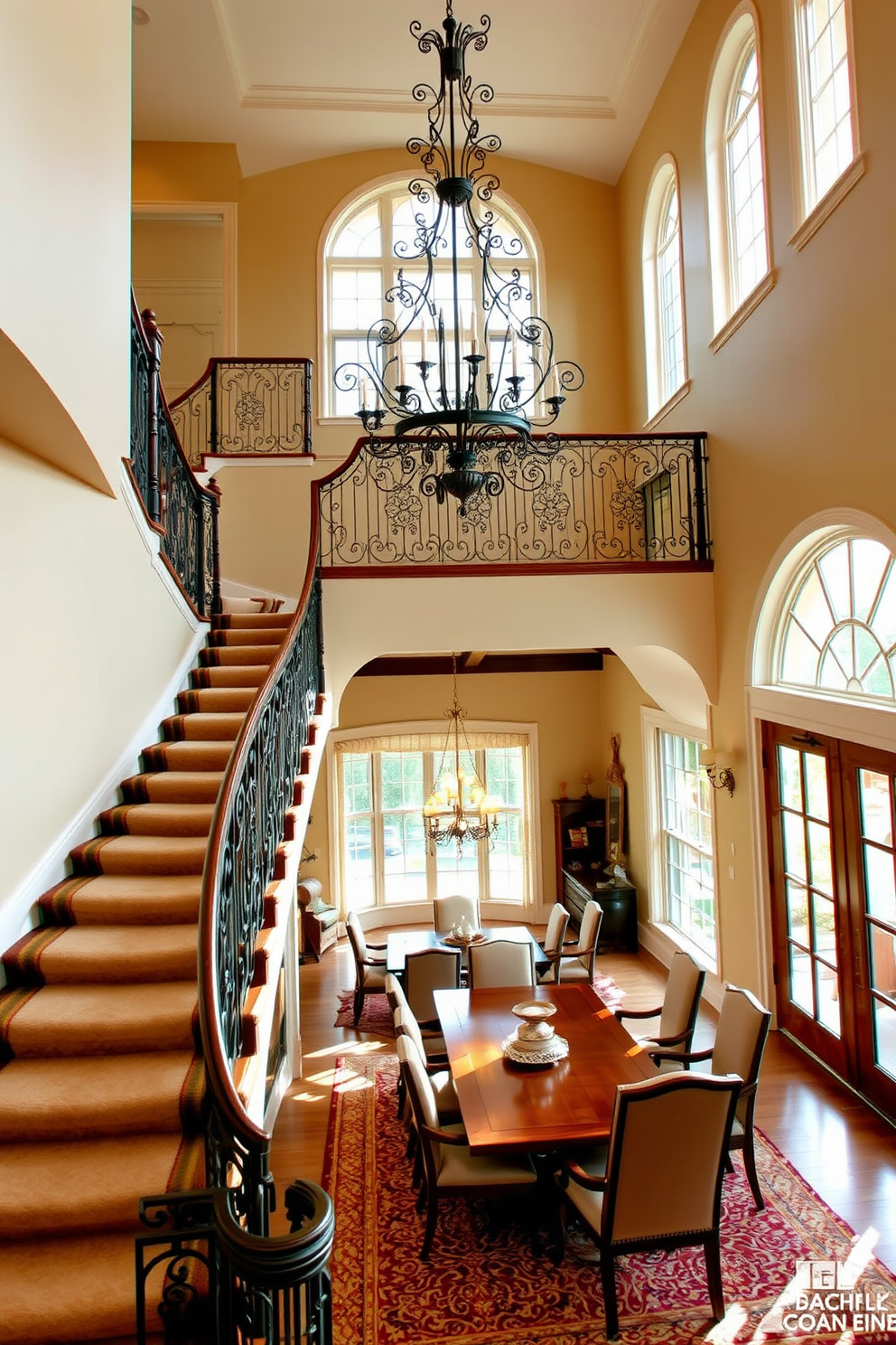 A grand staircase with intricate wrought iron railings gracefully ascends to the upper level. The staircase is adorned with a plush runner that complements the elegant decor of the dining room. The dining room features a stunning chandelier that hangs above a long wooden table surrounded by upholstered chairs. Large windows allow natural light to flood the space, highlighting the rich colors and textures of the room.