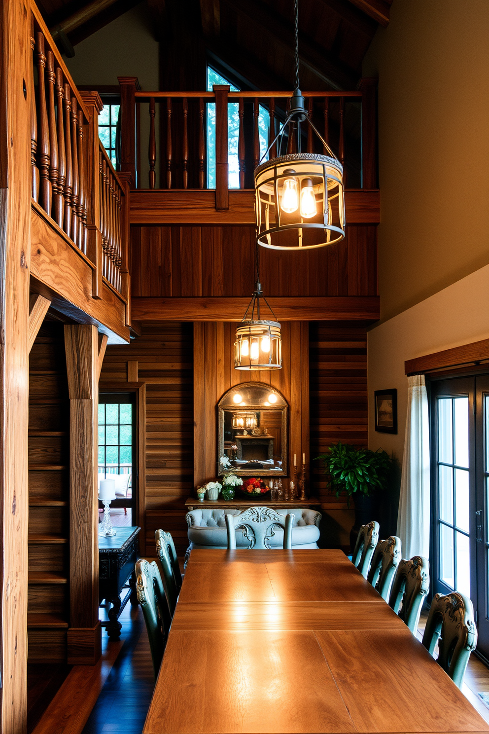 Rustic wooden stairs with pendant lighting create a warm and inviting atmosphere. The wooden steps are complemented by a wrought iron railing, and stylish pendant lights hang gracefully overhead. The staircase leads into a dining room that features a large wooden table surrounded by upholstered chairs. Natural light floods the space through large windows, enhancing the rustic charm of the room.