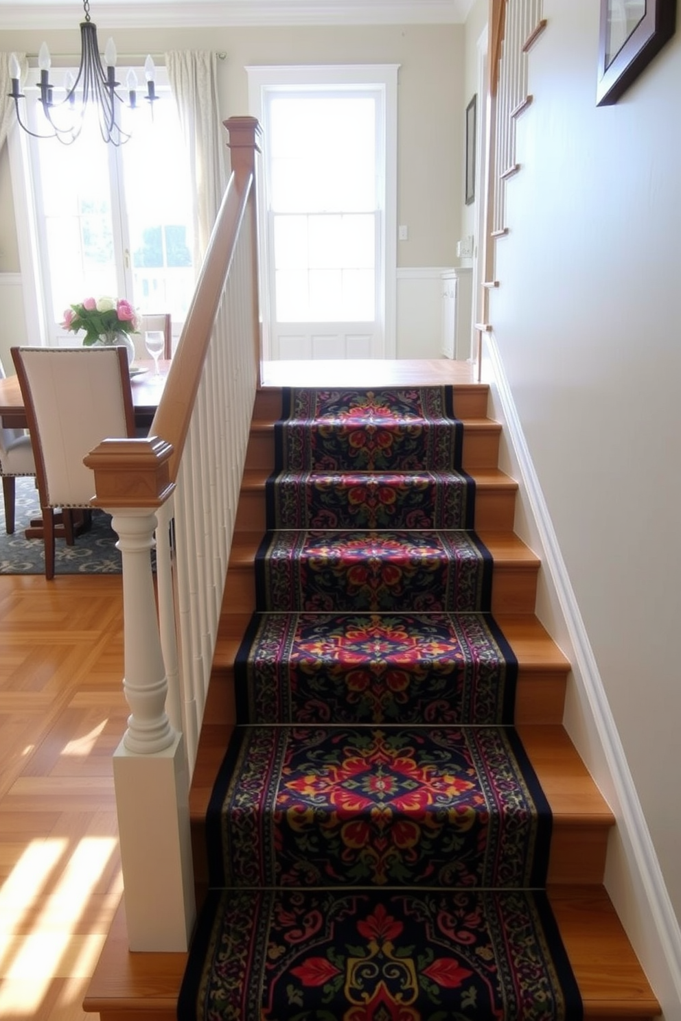 A bold patterned runner adorns the staircase steps, creating a striking visual contrast against the wooden treads. The runner features vibrant colors and intricate designs that draw the eye and add a touch of elegance to the space. The staircase is situated in the dining room, seamlessly connecting the two areas while enhancing the overall aesthetic. Natural light floods the room, highlighting the runner and the tasteful decor of the dining space.