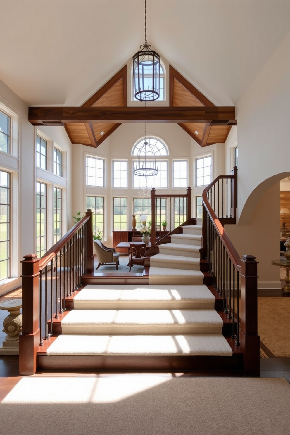 A grand staircase with large windows floods the space with natural light. The elegant design features a sleek wooden railing and a soft carpet runner that complements the surrounding decor. The staircase is positioned within a stylish dining room, creating a stunning focal point. Richly stained wood contrasts beautifully with the light-filled atmosphere, enhancing the overall sophistication of the space.