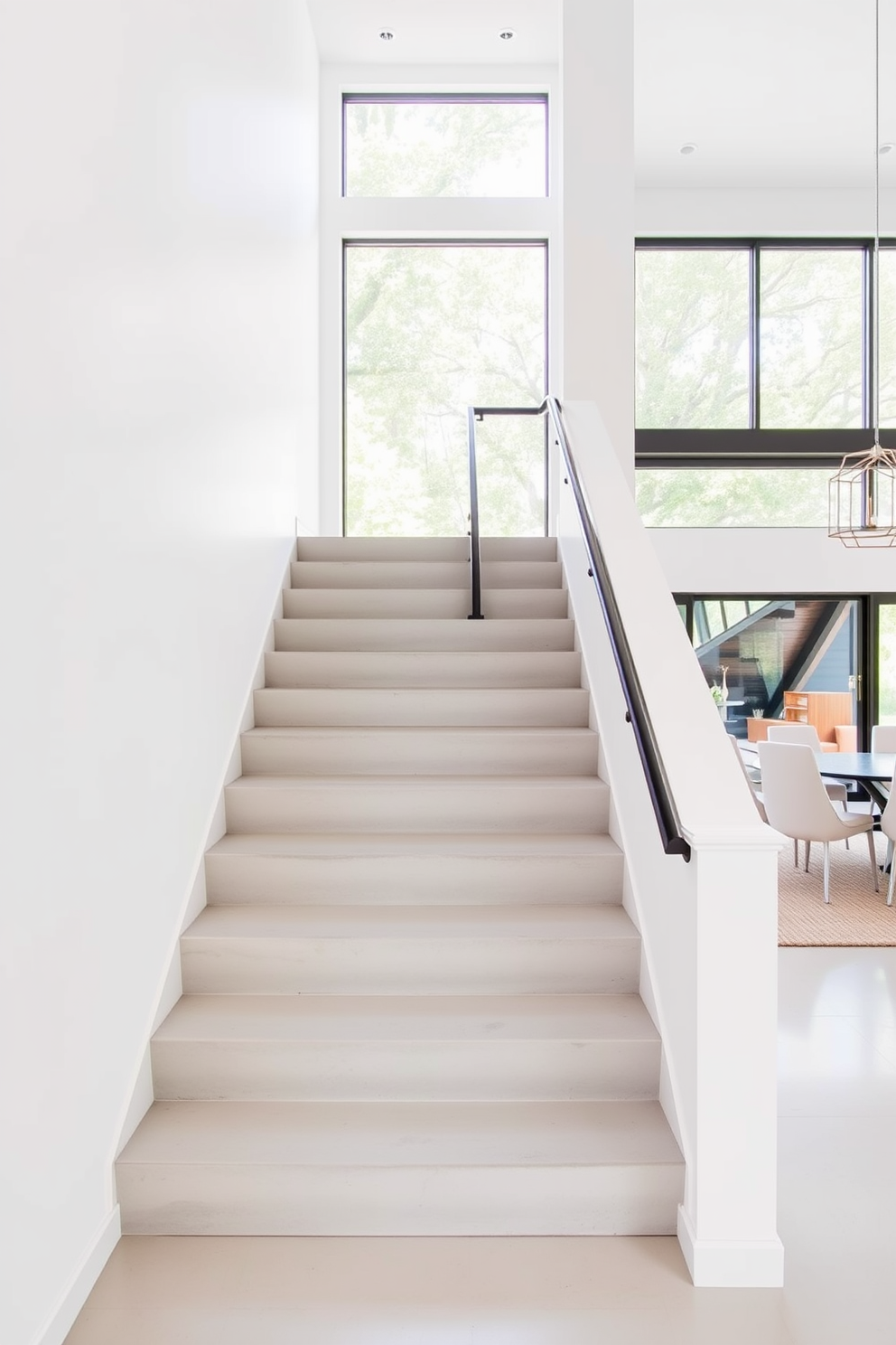 A minimalist staircase with sleek concrete steps leads elegantly to the upper level. The surrounding walls are painted in a crisp white, enhancing the open and airy feel of the space. In the dining room, a modern staircase design features a seamless blend of functionality and style. Natural light floods the area through large windows, highlighting the clean lines and understated elegance of the staircase.