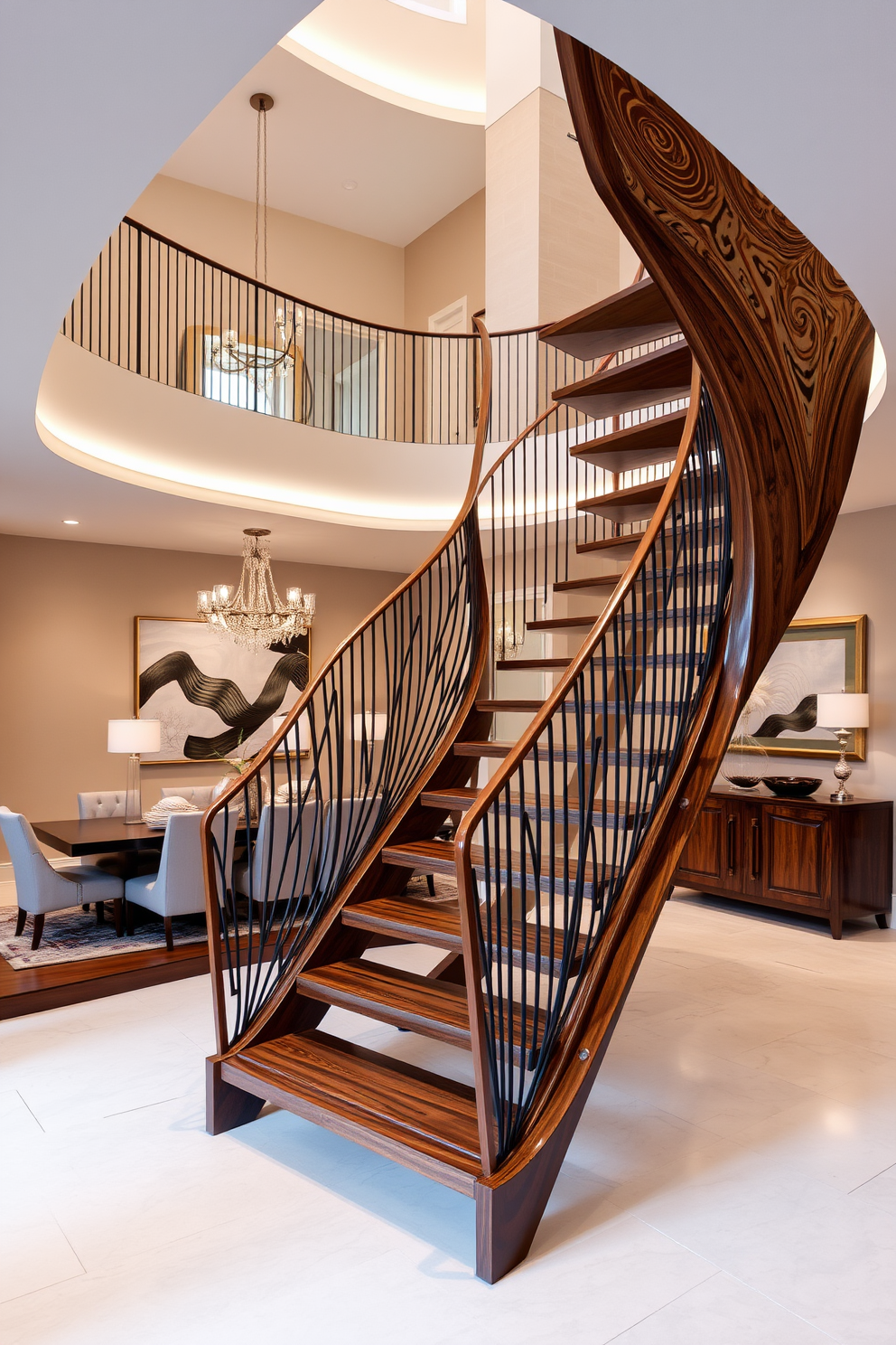 Artistic staircase with sculptural design. The staircase features flowing curves and unique geometric shapes, crafted from a combination of wood and metal, creating a stunning focal point in the space. Staircase in Dining Room Design Ideas. The staircase seamlessly integrates with the dining room, adorned with elegant lighting and artwork that enhances the overall ambiance of the area.