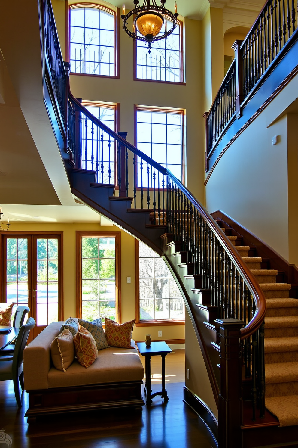 A grand staircase with integrated seating area features elegant wood railings and plush cushions along the steps. Natural light floods the space from large windows, highlighting the intricate details of the staircase design. In the dining room, the staircase serves as a stunning focal point, seamlessly blending functionality and style. The seating area below the staircase is adorned with decorative pillows and a small side table, creating an inviting nook for guests.