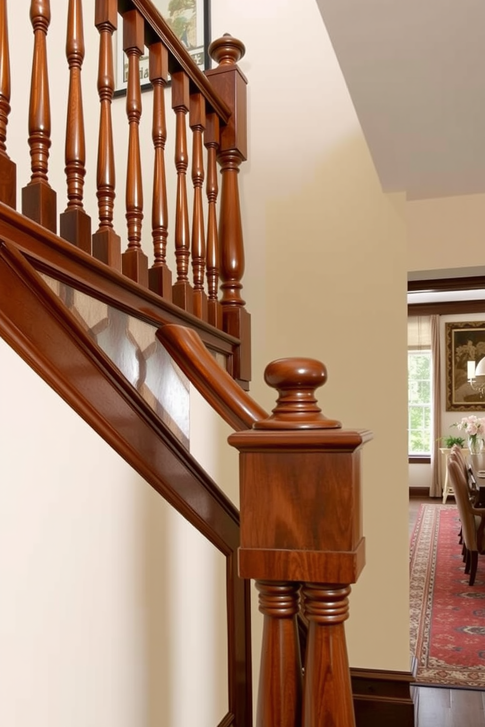 Classic staircase with rich wood finishes. The staircase features elegant balusters and a polished handrail, showcasing intricate carvings that reflect timeless craftsmanship. Staircase in Dining Room Design Ideas. The staircase is adorned with a tasteful runner that complements the dining room's decor, creating a seamless flow between the two spaces.