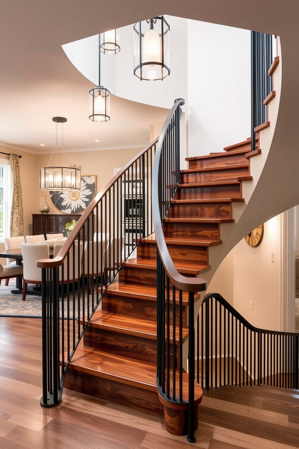 A stunning staircase design featuring a combination of wood and metal elements. The treads are made of rich mahogany, while the railings are sleek black iron, creating a striking contrast. In the dining room, the staircase serves as a focal point, seamlessly integrating with the overall decor. Surrounding the staircase, elegant pendant lights illuminate the space, enhancing the warm and inviting atmosphere.