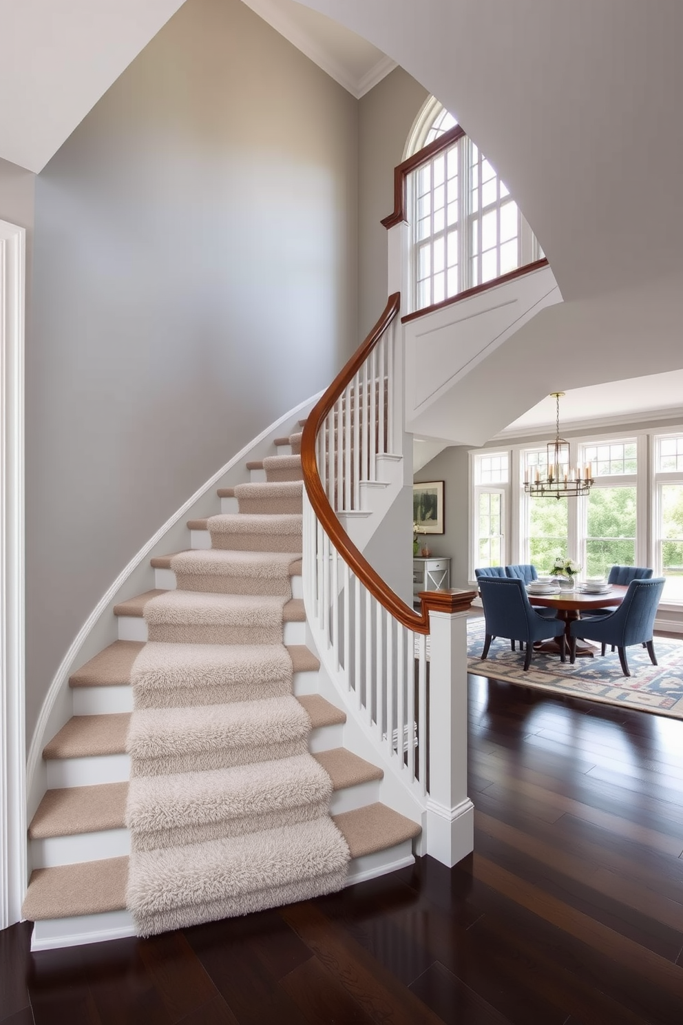 A stunning staircase with a chic color palette featuring soft grays and deep navy accents. The handrail is made of polished wood, and the steps are adorned with a plush runner that adds warmth and texture. In the dining room, the staircase serves as a focal point, seamlessly blending with the overall design. Large windows flood the space with natural light, highlighting the elegant furnishings and decor elements.