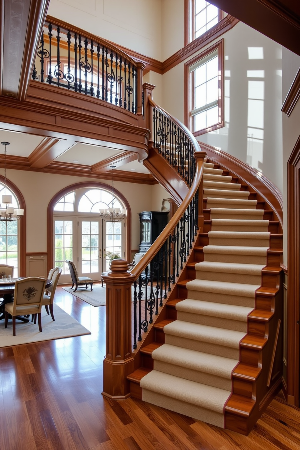 A classic staircase with rich wood finishes showcases elegant craftsmanship and timeless design. The balustrade features intricate detailing, while the treads are polished to a deep sheen, creating a warm and inviting atmosphere. In the dining room, the staircase serves as a stunning focal point, enhancing the overall aesthetic of the space. Soft lighting highlights the wood's natural grain, complementing the dining table and chairs arranged nearby.