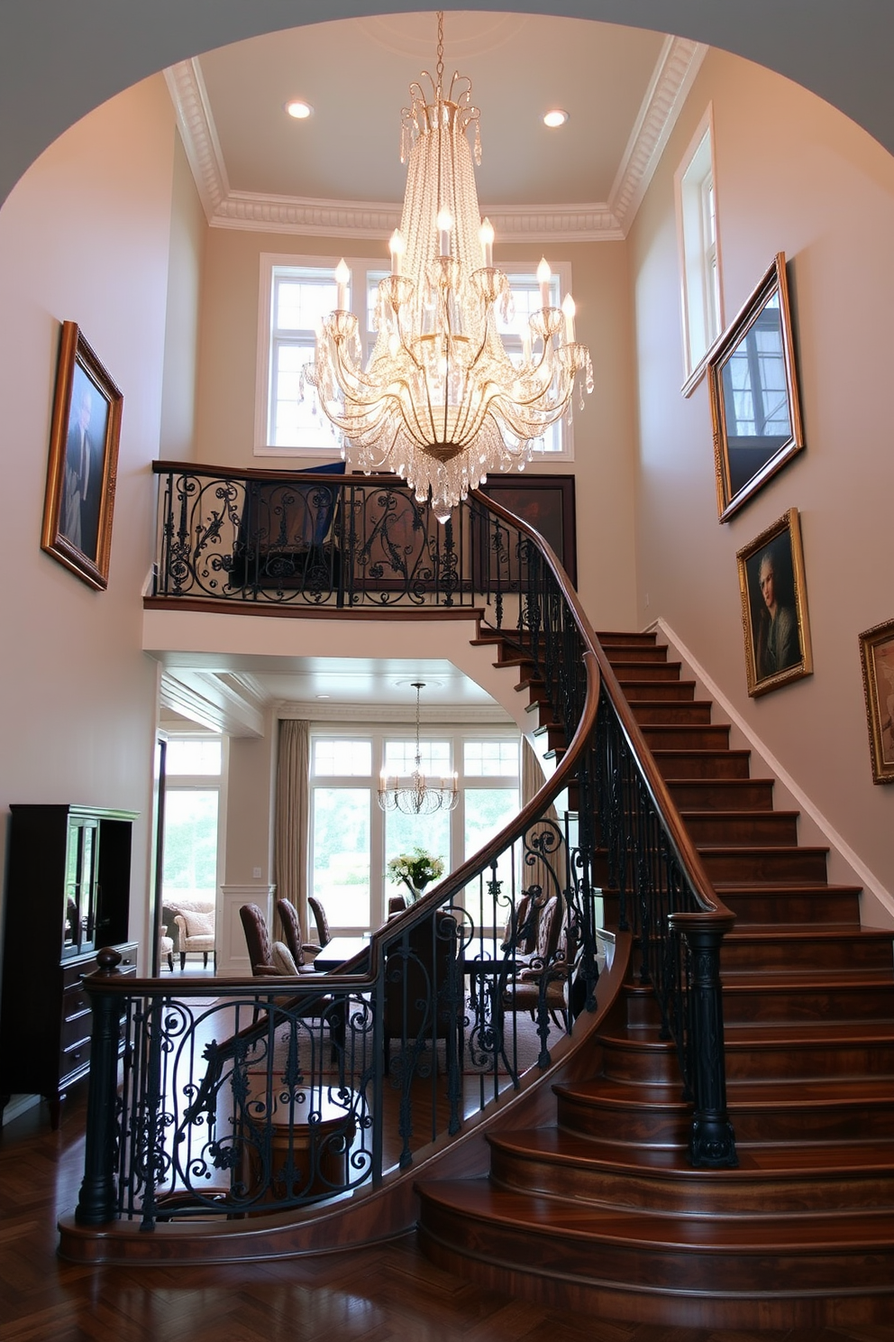 Elegant staircase with crystal chandelier. The staircase features a grand design with polished wooden steps and a wrought iron railing. A stunning crystal chandelier hangs from the ceiling, casting a warm glow over the space. The walls are adorned with tasteful artwork, enhancing the opulence of the setting. Staircase in dining room design ideas. The staircase seamlessly integrates with the dining area, creating an open and inviting atmosphere. Natural light floods the space through large windows, highlighting the elegant furnishings and decor.