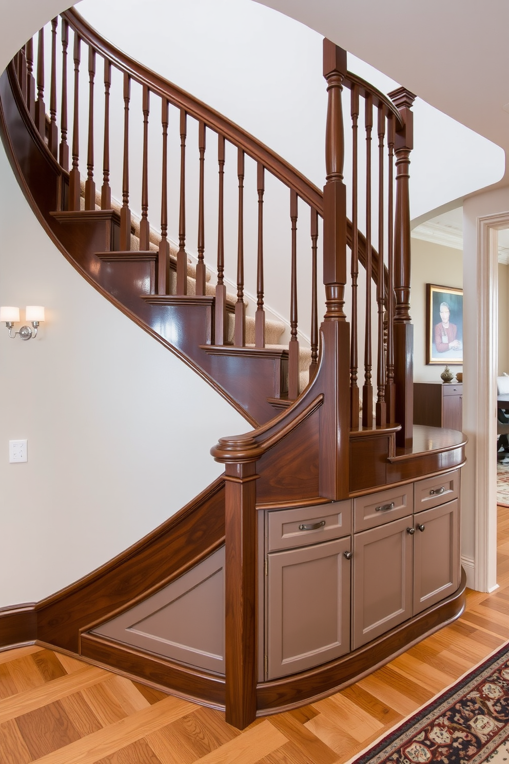 A stunning curved staircase gracefully ascends in the dining room, showcasing elegant wooden banisters and a plush runner that adds warmth. Beneath the staircase, stylish under-stair storage is seamlessly integrated, featuring custom cabinetry that complements the overall design aesthetic.