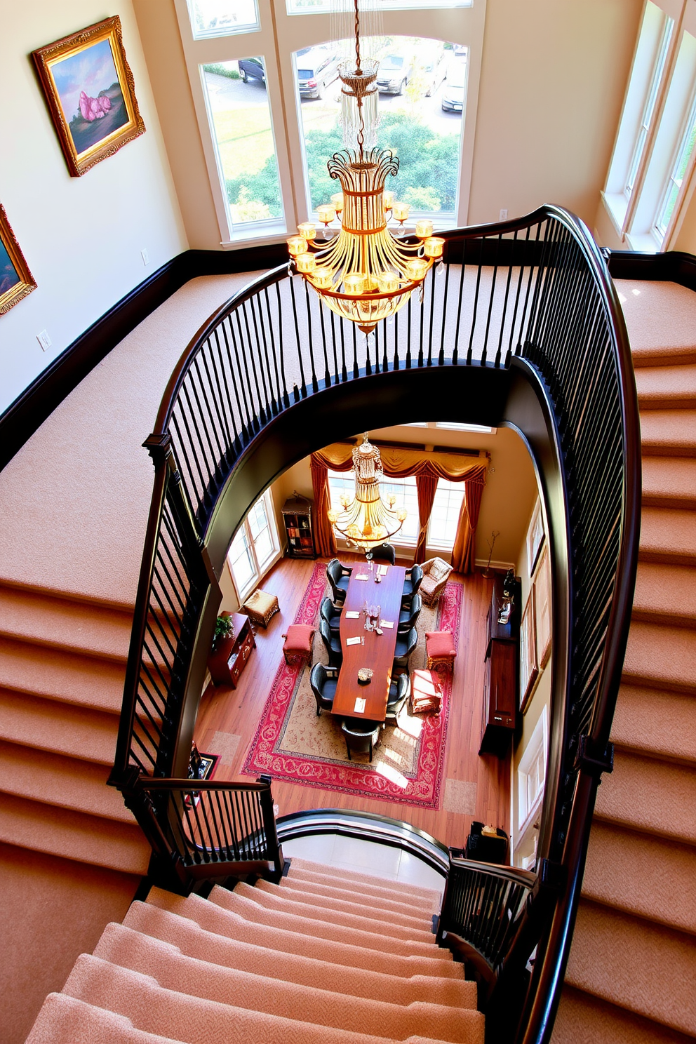 A grand staircase elegantly curves down into a spacious dining area filled with natural light. The staircase features a dark wood railing and soft carpet, leading to a dining table set for an intimate gathering beneath a stunning chandelier. The dining area showcases a large wooden table surrounded by plush upholstered chairs. Floor-to-ceiling windows frame the view, and tasteful artwork adorns the walls, creating a warm and inviting atmosphere.