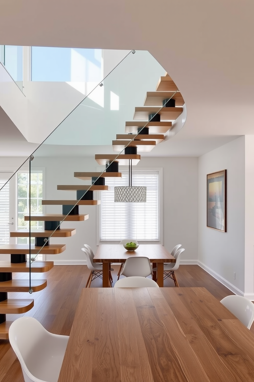 A cozy under-stair dining nook features plush cushions in soft pastel colors. The nook is illuminated by warm pendant lighting, creating an inviting atmosphere for family meals. The staircase is elegantly designed with wooden steps and a sleek railing. It seamlessly integrates into the dining room, enhancing the overall aesthetic with its modern charm.