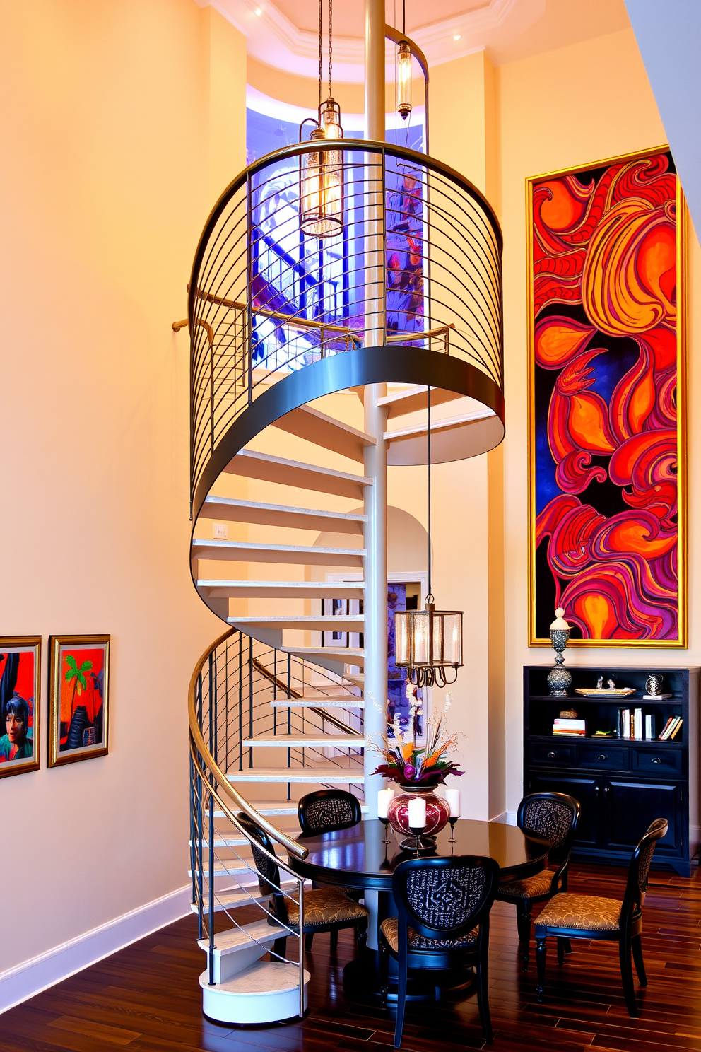 A stunning spiral staircase with a sleek metal railing spirals gracefully upward. The walls are adorned with vibrant wall art that adds a pop of color and personality to the space. The dining room features a beautifully designed staircase that seamlessly integrates with the overall aesthetic. Elegant lighting fixtures hang above the dining table, complementing the artistic elements of the staircase.