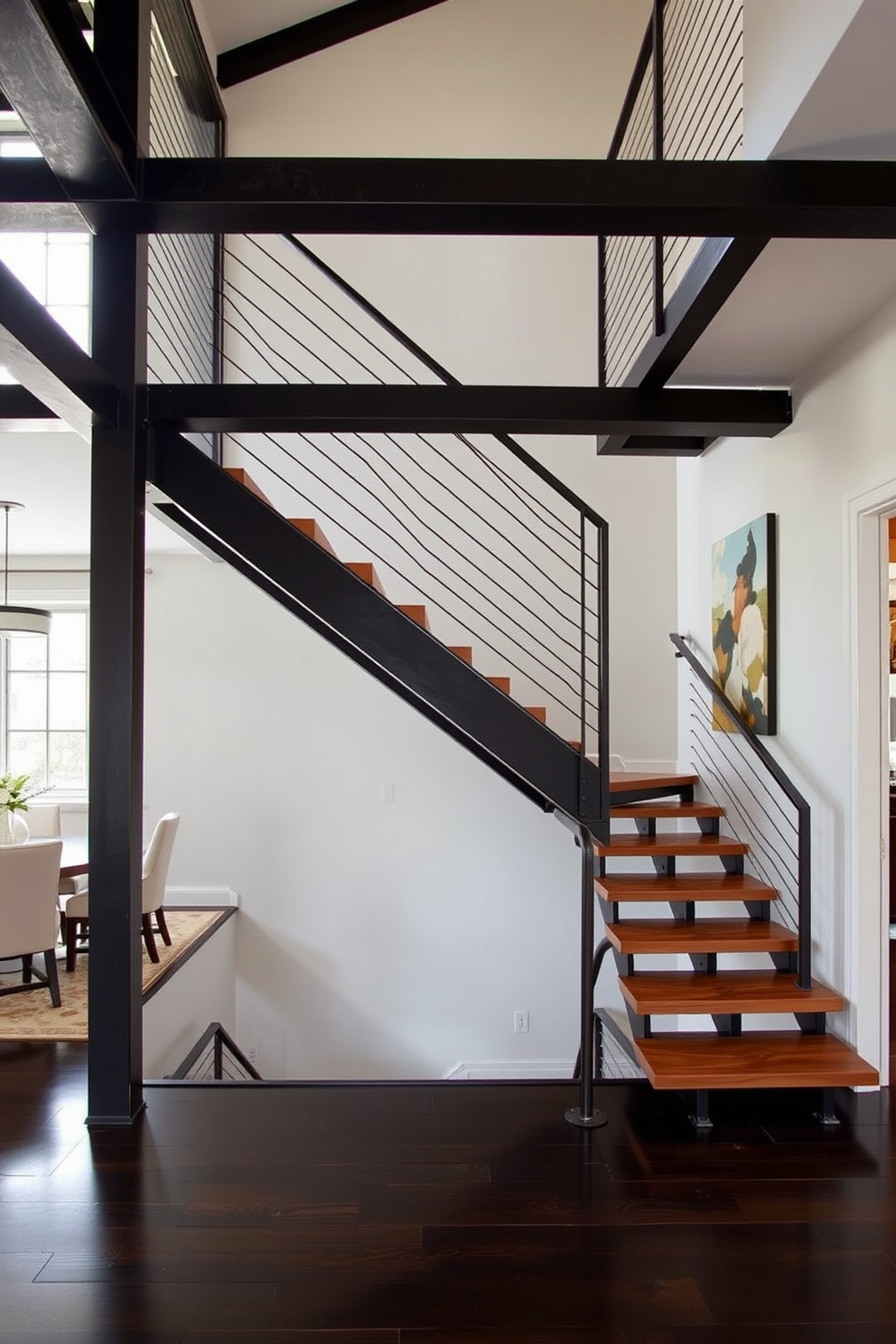 A stunning curved staircase gracefully ascends to the dining area, featuring elegant wooden railings and soft ambient lighting. The dining room below is adorned with a large round table surrounded by plush upholstered chairs, creating an inviting atmosphere for gatherings.