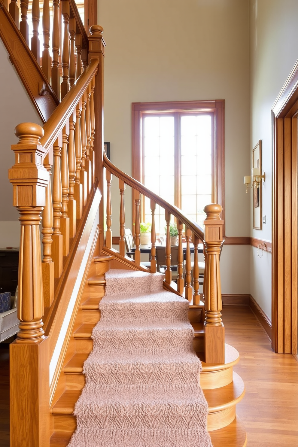 A stunning staircase design featuring built-in wine storage seamlessly integrated into the side of the staircase. The wine storage is crafted from rich wood and showcases an array of bottles behind glass doors, illuminated by soft LED lighting. The staircase itself is adorned with elegant railings and a plush runner that adds warmth to the dining room. Natural light floods the space through large windows, highlighting the inviting atmosphere of the dining area.