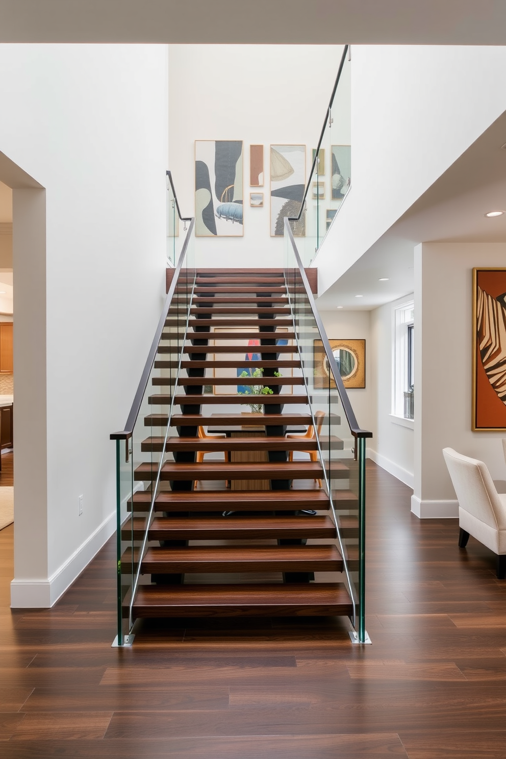 A modern staircase with sleek lines features a minimalist design that seamlessly integrates with the surrounding space. The handrails are made of glass, allowing light to flow freely while the treads are crafted from dark hardwood, creating a striking contrast. In the dining room, the staircase is positioned as a focal point, enhancing the overall aesthetic of the area. The walls are adorned with contemporary art pieces that complement the staircase's modern design, making the space feel inviting and sophisticated.