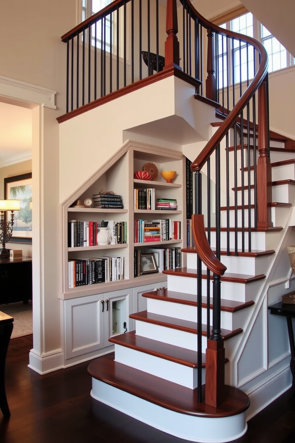 A stunning staircase with built-in bookshelves underneath creates a functional and stylish focal point in the dining room. The shelves are filled with an array of books and decorative items, while the staircase features elegant woodwork and a sleek railing that complements the overall design.