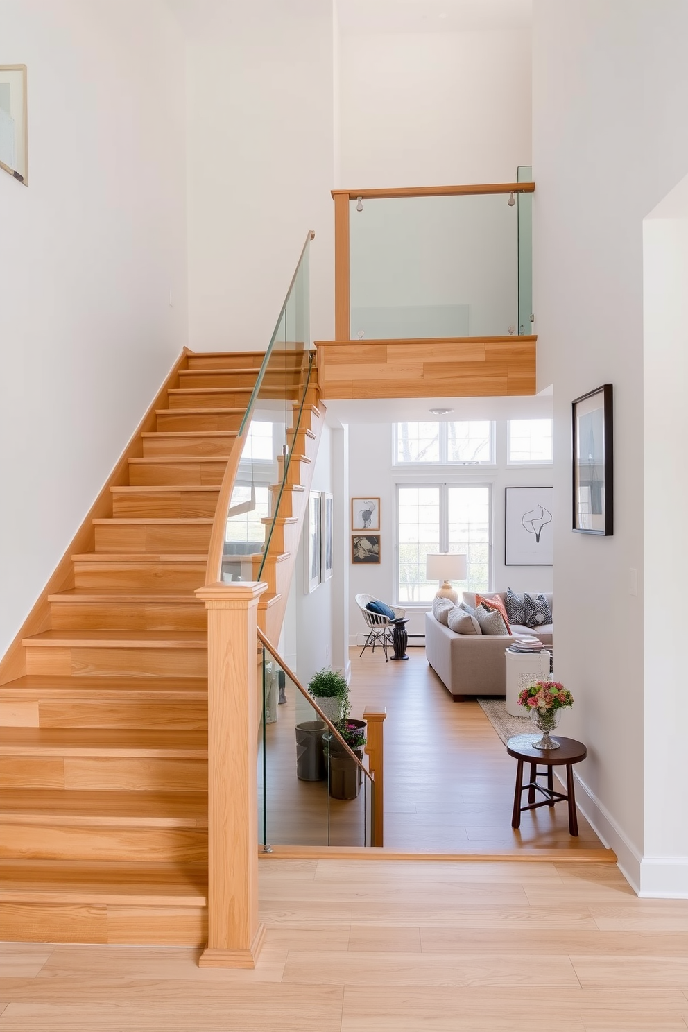 Open riser staircase with glass railing. The staircase features sleek wooden steps that create an airy and modern feel, seamlessly connecting the family room to the upper level. The family room showcases a cozy seating arrangement with plush sofas and a contemporary coffee table. Large windows allow natural light to flood the space, highlighting the elegant design elements throughout.