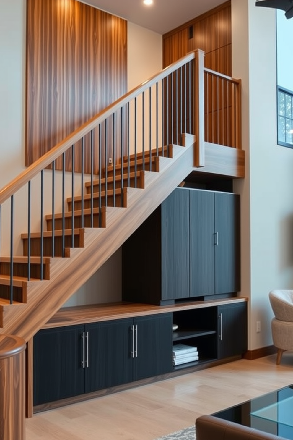 A modern family room features a stunning staircase with integrated storage solutions underneath. The staircase is crafted from sleek wood, seamlessly blending with the room's contemporary aesthetic, while stylish cabinets and shelves provide practical storage without compromising design.