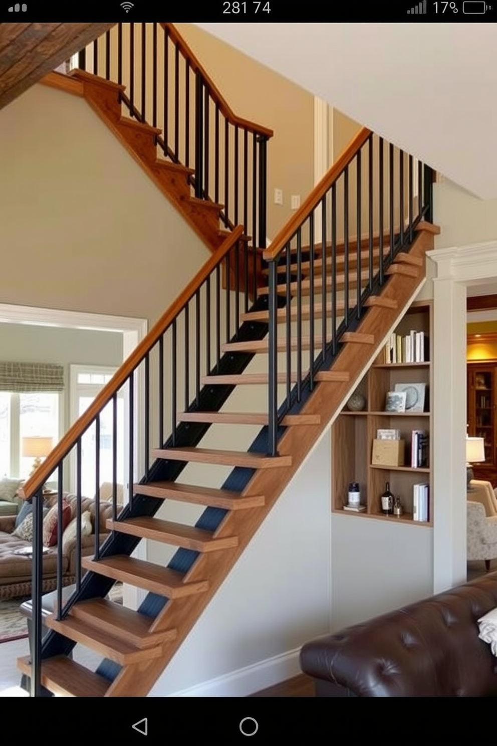 A stunning staircase with vintage wallpaper as the backdrop creates an inviting focal point in the family room. The wallpaper features intricate floral patterns in soft pastel colors, complementing the warm wood tones of the staircase. The family room is designed with a cozy atmosphere, integrating plush seating options that encourage relaxation. Large windows allow natural light to flood the space, highlighting the elegance of the vintage wallpaper and staircase design.