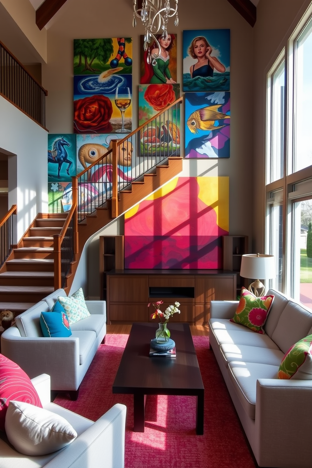 A grand staircase with vibrant artwork adorning the walls creates a stunning focal point in the family room. The staircase features a sleek wooden railing and is illuminated by natural light streaming in from large windows nearby. The family room is designed with a cozy seating area that complements the staircase's vibrant art. Plush sofas and colorful throw pillows invite relaxation, while a stylish coffee table anchors the space.