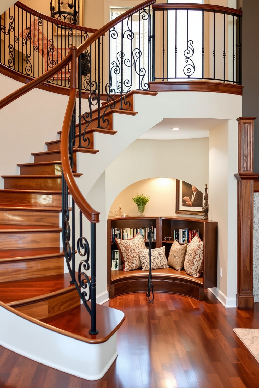 An elegant L-shaped staircase gracefully curves through the family room, featuring rich wooden steps and a sleek wrought iron railing. Nestled beneath the staircase is a cozy reading nook adorned with plush cushions, a small bookshelf filled with novels, and soft ambient lighting for a warm atmosphere.