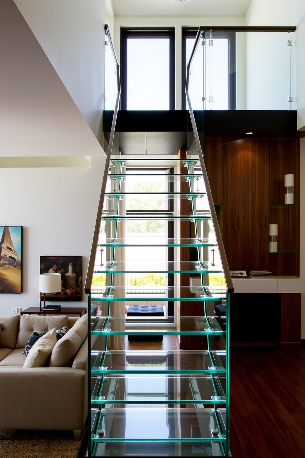 A stunning staircase featuring reclaimed wood steps that gracefully winds through the family room. The warm tones of the wood create a rustic yet elegant atmosphere, complemented by natural light streaming in from large windows. The family room is designed with a cozy seating area that invites relaxation and conversation. Plush sofas and a stylish coffee table are arranged around a focal point, such as a fireplace or an art piece, enhancing the inviting ambiance.