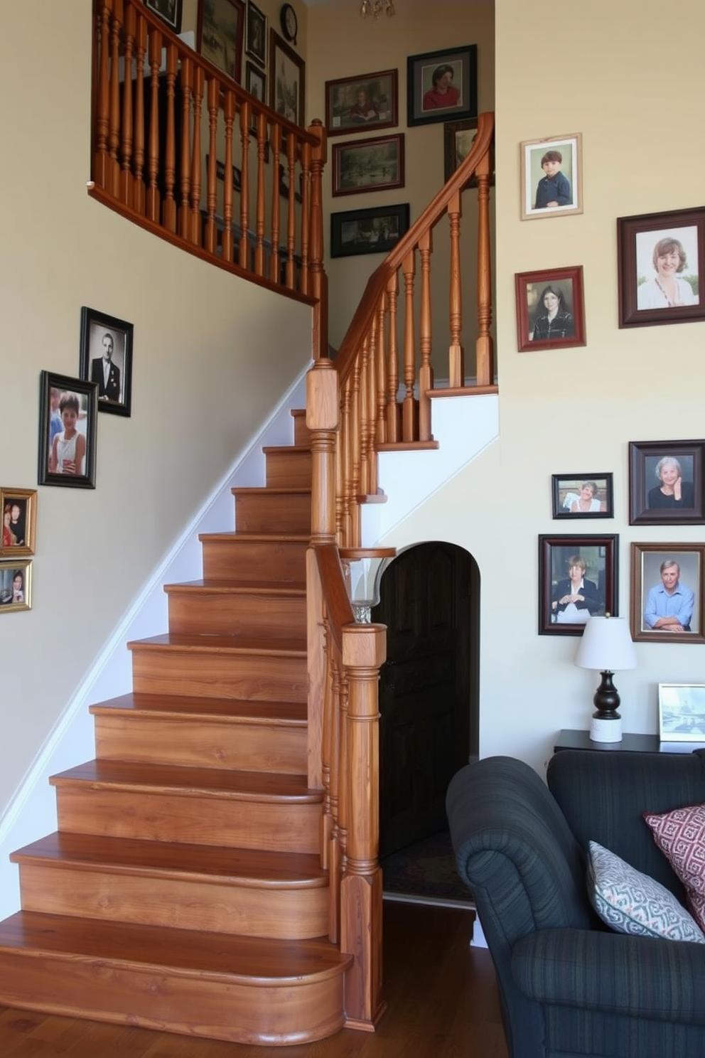 A vintage staircase with a reclaimed wood finish gracefully ascends through the family room, showcasing intricate balusters and a warm, inviting hue. The surrounding walls are adorned with family photos in eclectic frames, creating a nostalgic atmosphere that complements the rustic charm of the staircase.