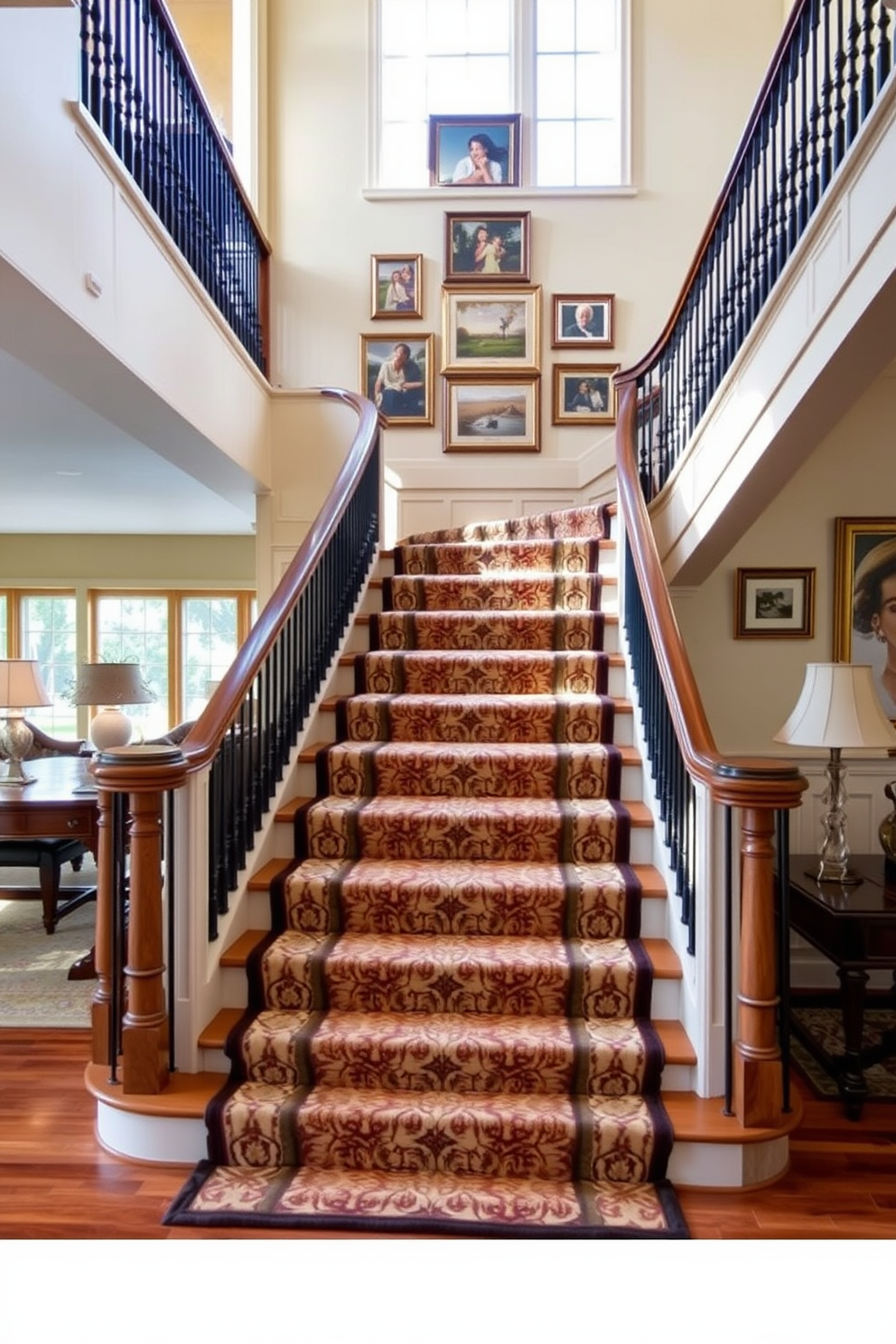 A grand staircase features a luxurious patterned carpet runner that complements the overall decor of the family room. The walls are adorned with family photos and artwork, creating a warm and inviting atmosphere. The staircase is framed by elegant wooden banisters that enhance the sense of sophistication. Natural light floods the space through large windows, illuminating the intricate details of the carpet and the surrounding furnishings.