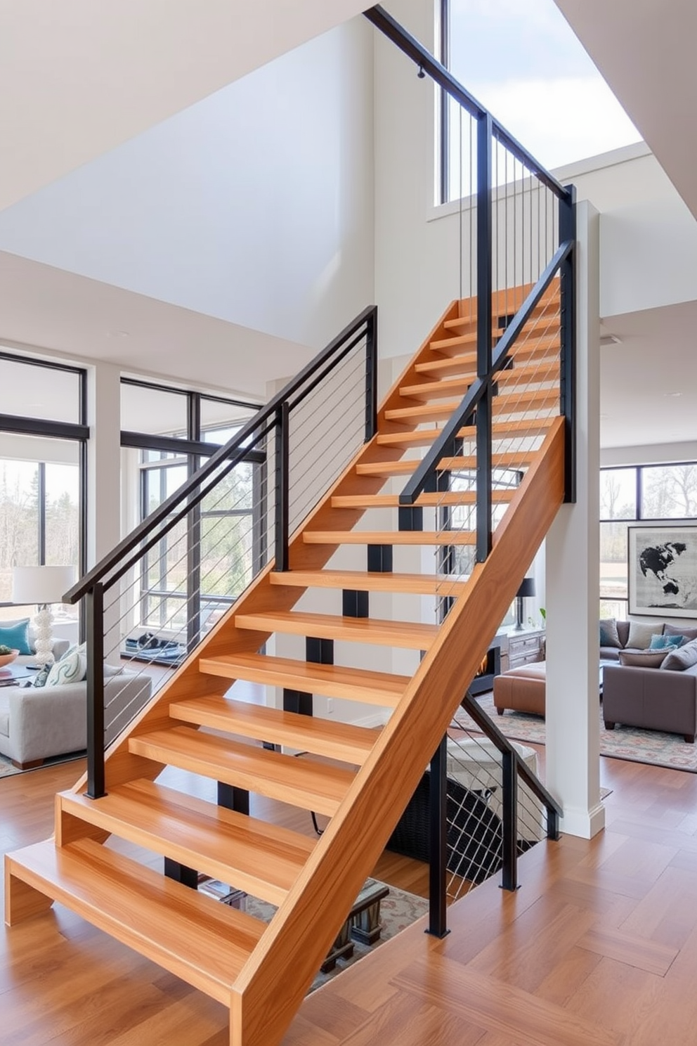 A contemporary staircase featuring geometric design elements that create a striking visual impact. The staircase is crafted from sleek wood with metal railings, seamlessly integrating into the family room's modern aesthetic. The family room boasts an open layout with large windows that flood the space with natural light. Plush seating arrangements and minimalist decor complement the staircase, enhancing the overall sense of style and comfort.