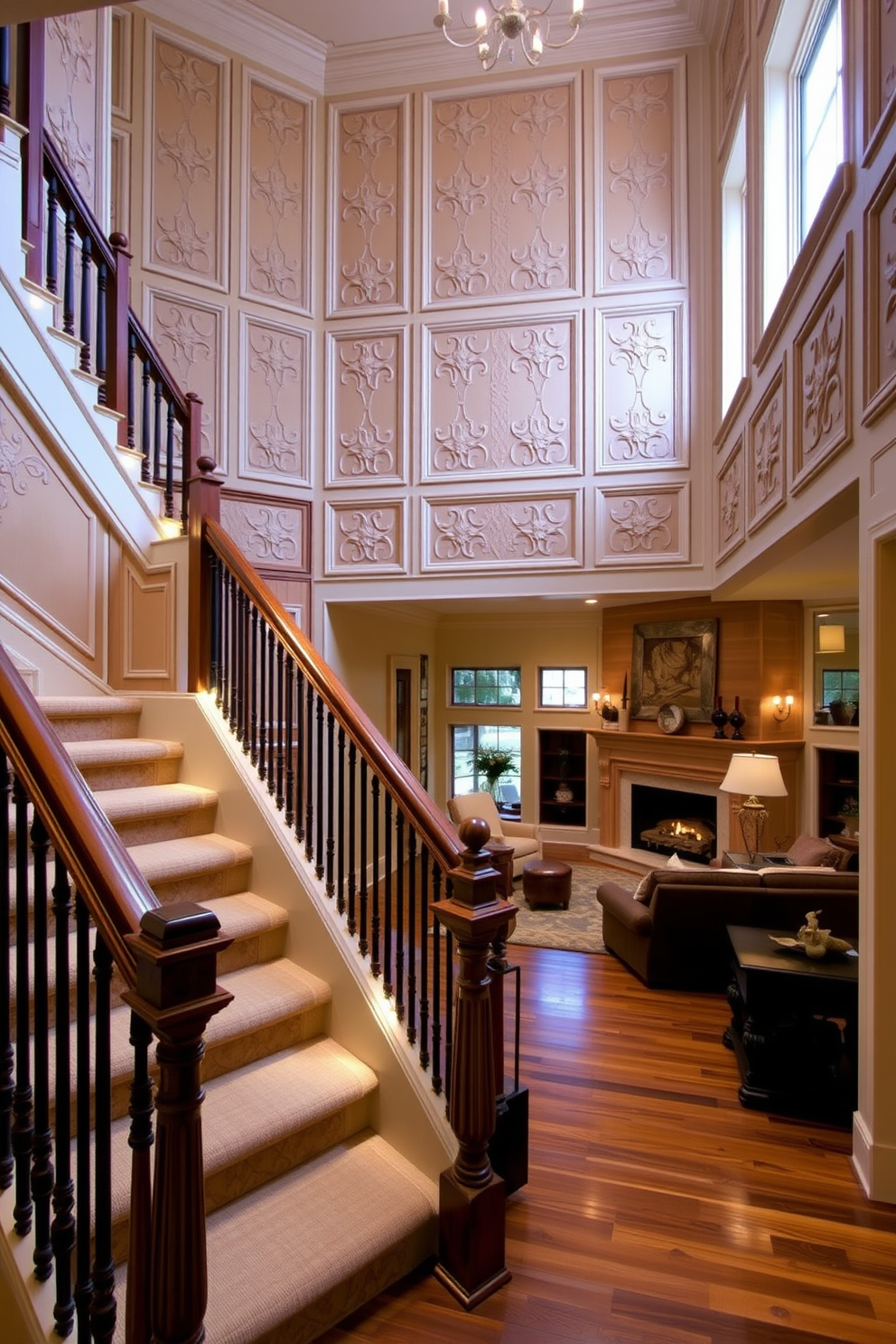 A grand staircase with intricate decorative wall paneling that adds elegance and character to the space. The staircase features a rich wooden handrail and is flanked by soft ambient lighting that highlights the craftsmanship of the paneling. The family room adjacent to the staircase is designed for comfort and style. Plush seating arrangements and a cozy fireplace create an inviting atmosphere, complemented by large windows that allow natural light to flood the room.