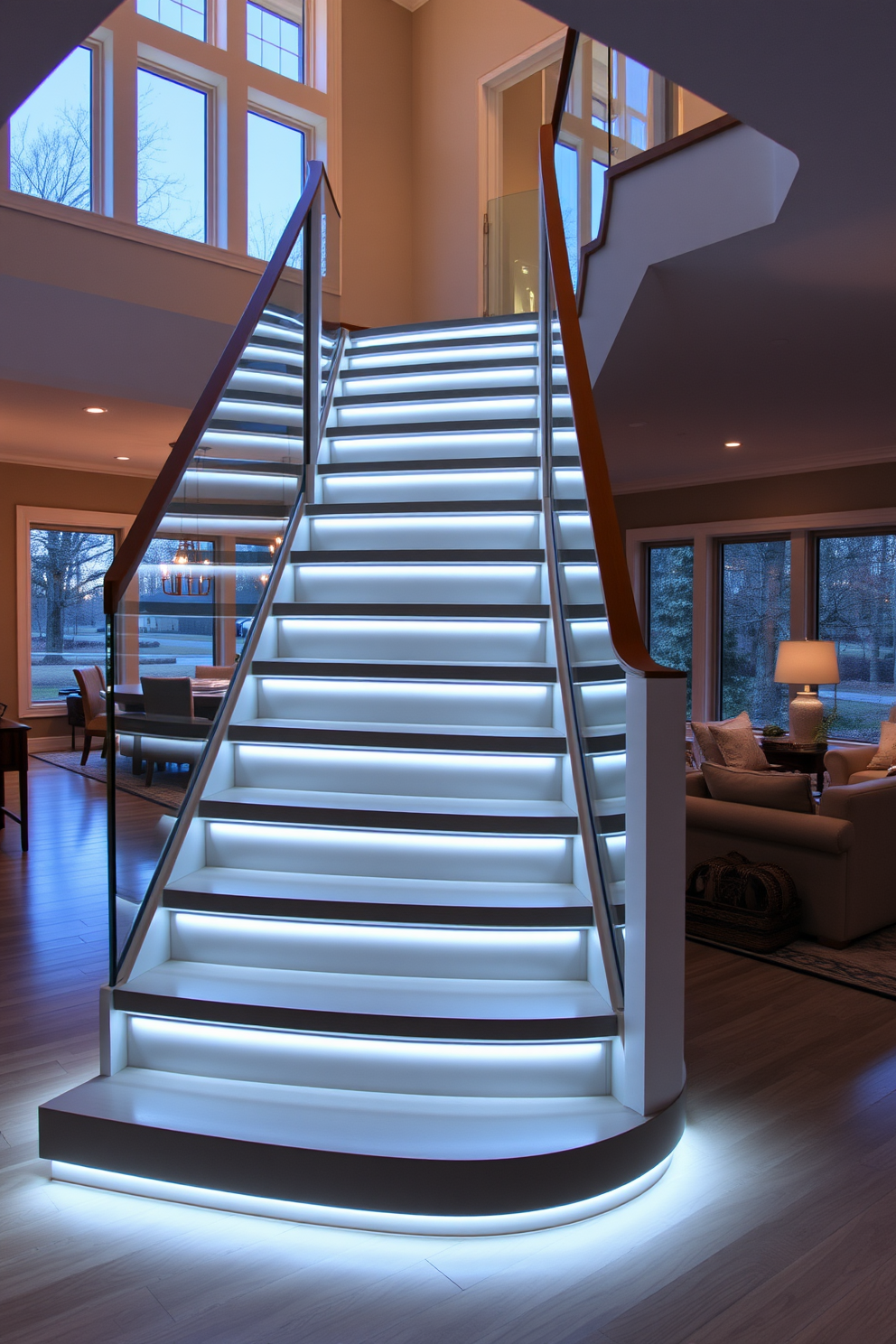 Open concept staircase with a sleek wooden design leading to the upper level. The staircase features glass railings that provide a clear view into the spacious living room below. Staircase in family room with integrated lighting that highlights the steps. The surrounding walls are adorned with family photos, creating a warm and inviting atmosphere.