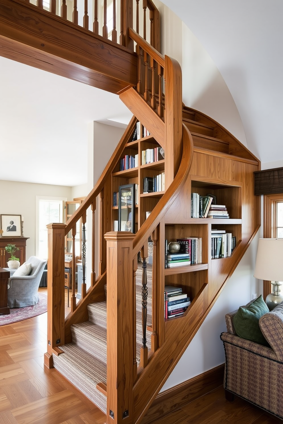 A stunning wooden spiral staircase elegantly winds upwards, showcasing rich, dark wood grain and intricate balusters. Nestled beside the staircase is a cozy nook with plush cushions and a small bookshelf, creating a perfect reading corner bathed in natural light. The family room features a spacious layout with large windows that flood the space with warmth. A comfortable sectional sofa is paired with a rustic coffee table, and the decor includes family photos and vibrant artwork that add a personal touch.