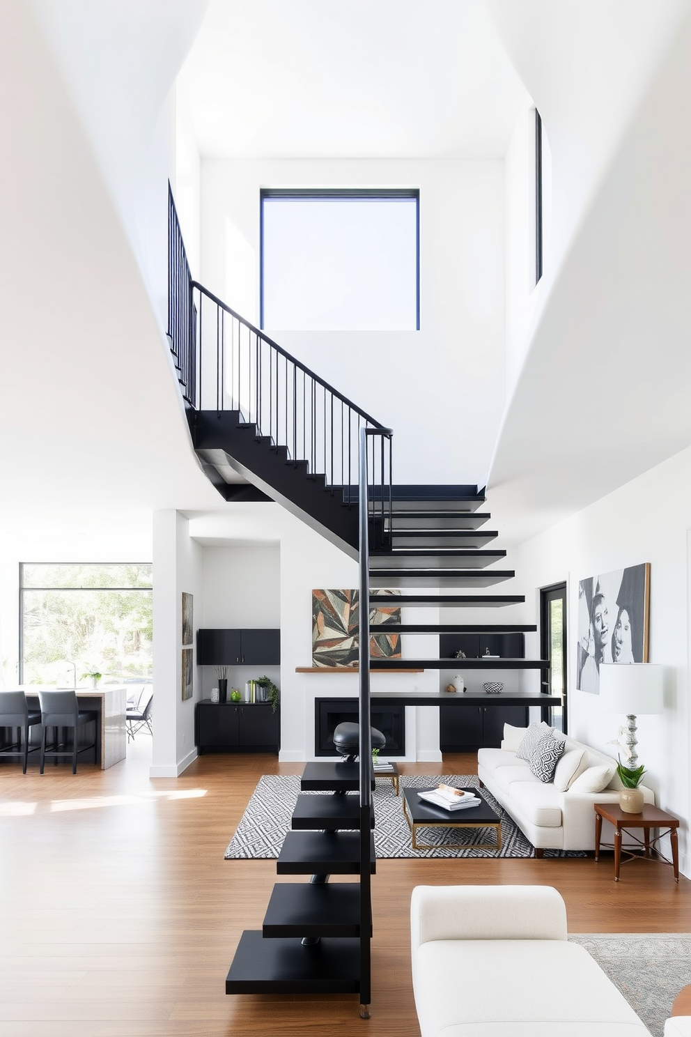 A stunning staircase featuring patterned tile risers that add a unique flair to the space. The family room is designed with a warm color palette, featuring plush seating and large windows that allow natural light to flood in.