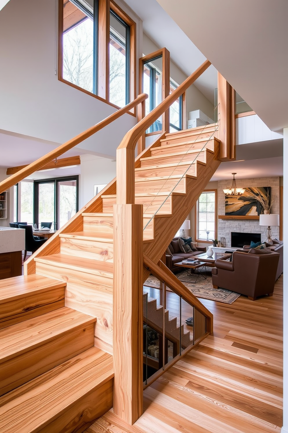 An industrial staircase with exposed beams leads up to the second floor, showcasing a blend of raw materials and modern design. The staircase features a sleek metal railing and wooden steps that complement the open space of the family room below. In the family room, large windows allow natural light to flood the area, highlighting the high ceilings and minimalist decor. A cozy seating arrangement with a mix of textures and a statement coffee table creates an inviting atmosphere perfect for gatherings.