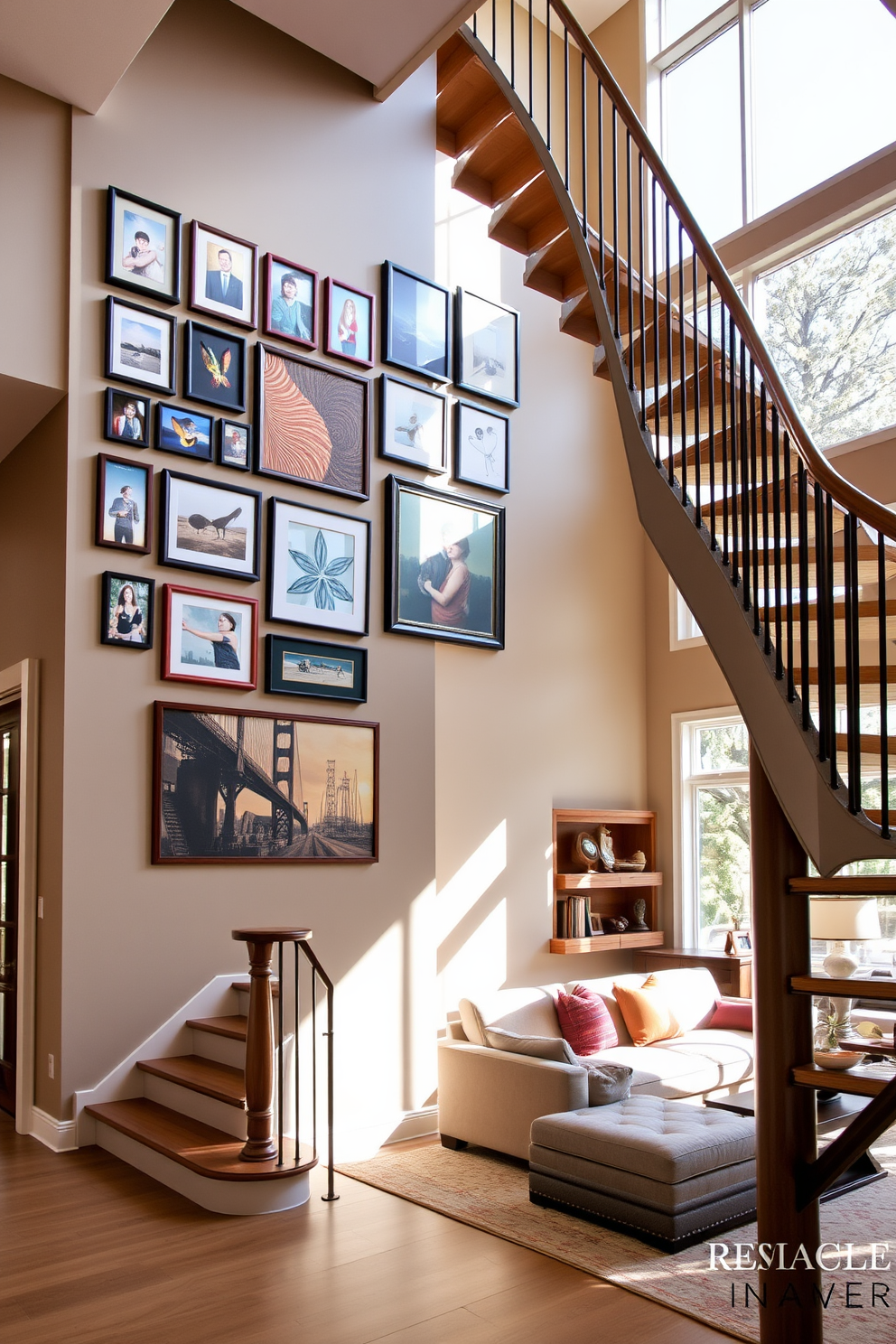 A grand staircase with a sleek wooden railing spirals elegantly upwards. The wall adjacent to the staircase is adorned with a curated gallery wall featuring framed family photos and vibrant artwork. The family room features a cozy seating area with a plush sectional sofa and a stylish coffee table. Natural light floods the space through large windows, illuminating the warm tones of the decor and the inviting atmosphere.