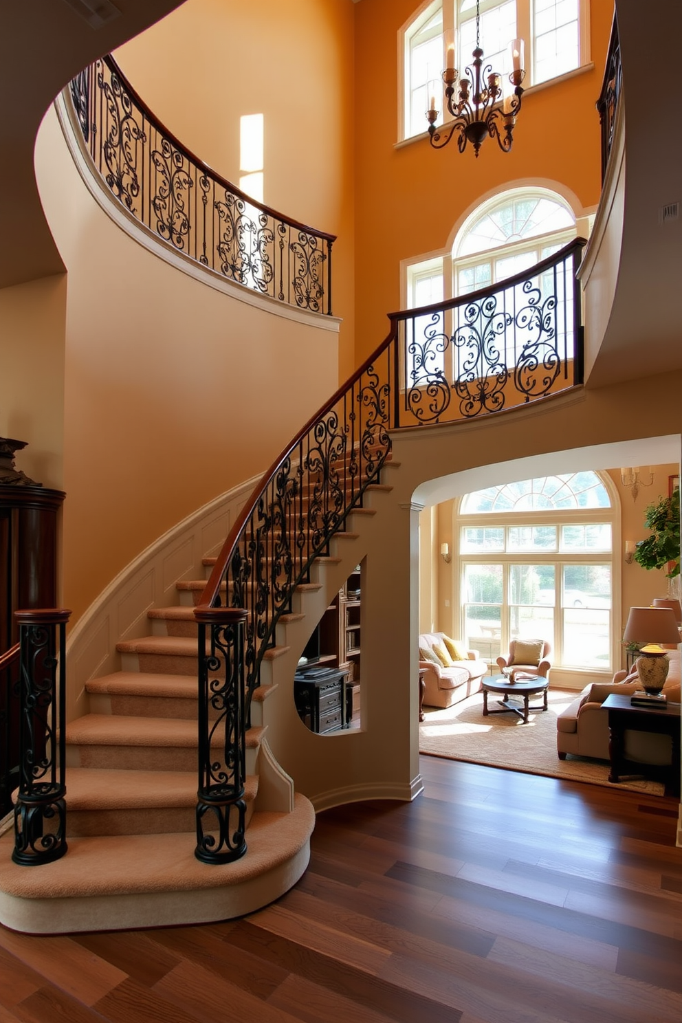 A grand staircase with wrought iron decorative railings gracefully curves upwards. The staircase is adorned with a plush runner that complements the warm tones of the family room. The family room features a cozy seating area with a large sectional sofa and a stylish coffee table. Natural light floods the space through large windows, enhancing the inviting atmosphere.