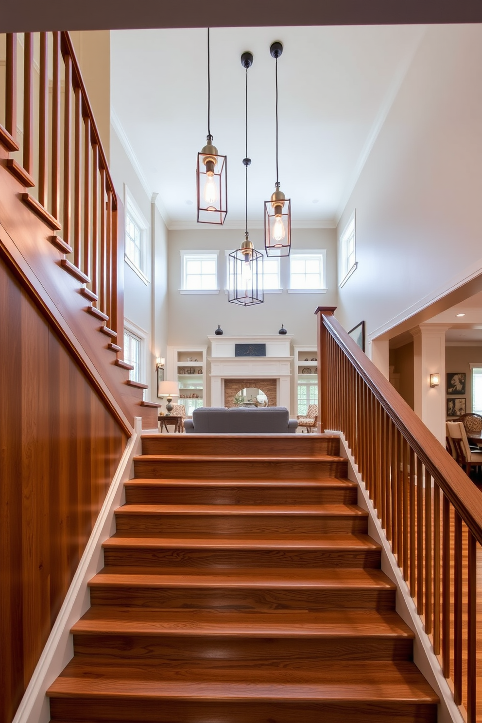 A grand staircase with sleek wooden steps gracefully ascends, illuminated by elegant pendant lights that hang from the ceiling above. The family room features a cozy atmosphere, enhanced by the warm glow of the lights, creating a welcoming focal point in the space.