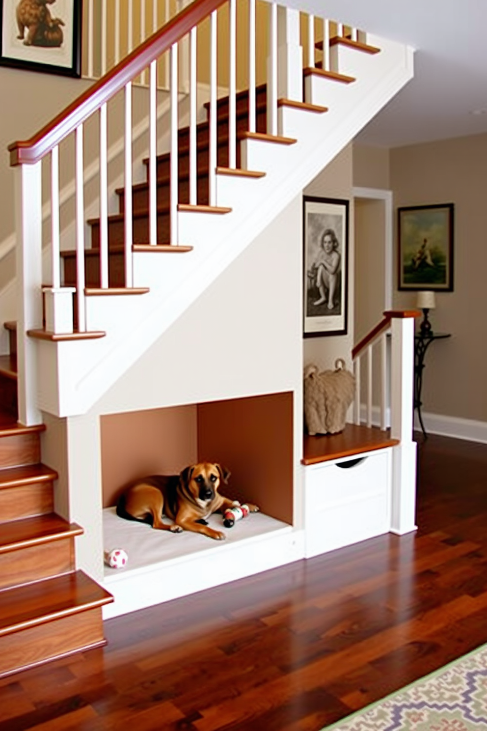 A stylish staircase with a built-in pet area underneath creates a functional yet elegant focal point in the family room. The staircase features wooden steps with a sleek railing, while the pet area is designed with comfortable bedding and storage for toys, seamlessly blending into the overall decor.