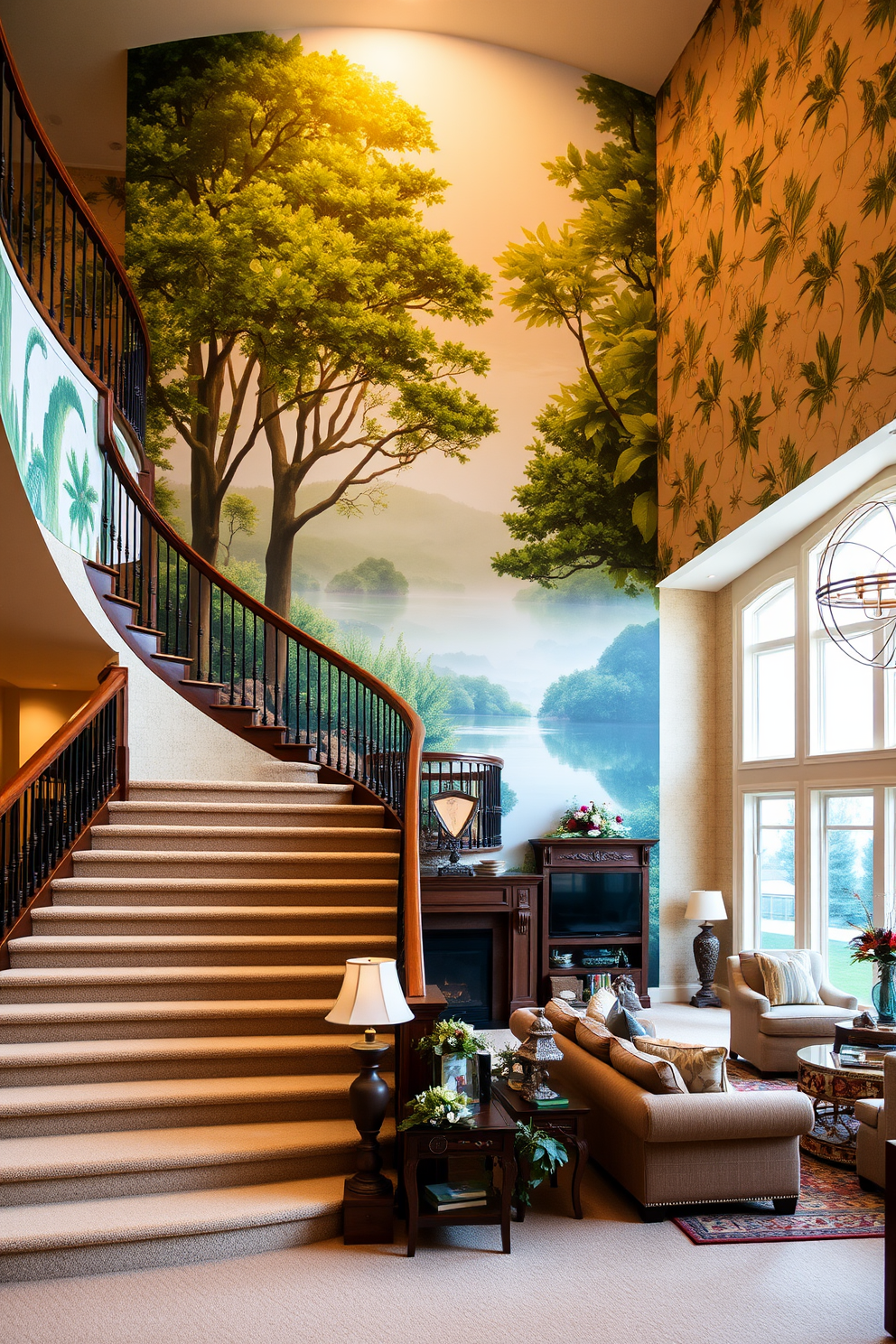 A grand staircase adorned with a vibrant mural depicting a serene landscape, creating a focal point that draws the eye upward. The walls are lined with scenic wallpaper featuring lush greenery and soft, natural tones, enhancing the warmth of the family room. The staircase features elegant wooden railings and plush carpeting that complement the overall design. The family room is designed with cozy seating arrangements and large windows that allow natural light to flood the space, creating an inviting atmosphere.