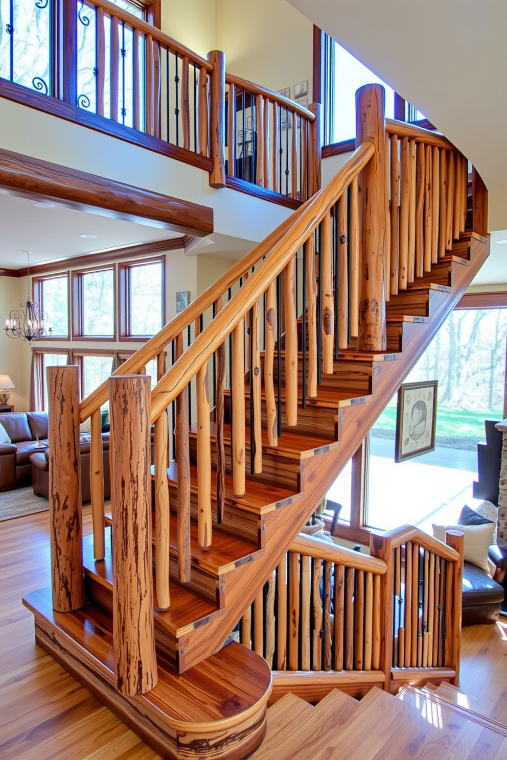 A stunning staircase featuring a rustic log railing design. The logs are naturally finished, showcasing their unique textures and colors, while the steps are made of reclaimed wood to enhance the organic feel. The staircase is situated in a spacious family room, creating a warm and inviting atmosphere. Large windows allow natural light to flood the space, highlighting the beautiful craftsmanship of the railing and the surrounding decor.