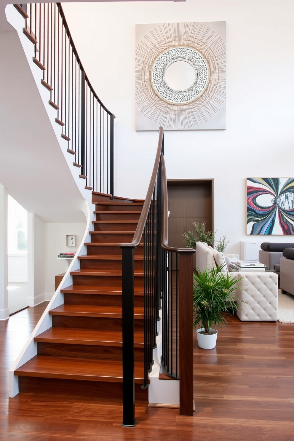 A stunning staircase with sleek wooden steps curves gracefully upward. Nearby, a captivating modern art installation adds a bold focal point to the family room, inviting conversation and admiration.