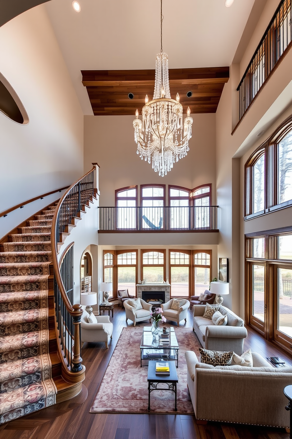 A grand curved staircase gracefully sweeps upward, adorned with a luxurious carpet runner that adds warmth and texture. Above, an elegant chandelier sparkles with crystal accents, casting a soft glow over the family room below. The family room features a cozy seating arrangement with plush sofas and a stylish coffee table at the center. Large windows allow natural light to flood the space, highlighting the rich wood tones and inviting decor throughout.