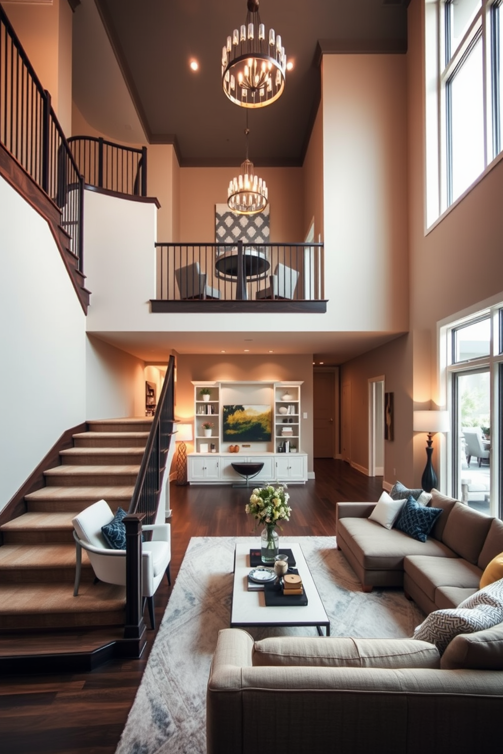 A stunning staircase with a modern twist features sleek metal balusters that create an open and airy feel. The treads are made of rich hardwood, complementing the warm tones of the family room below. The family room is designed with a cozy sectional sofa and a statement coffee table at the center. Large windows allow natural light to flood the space, highlighting the contemporary artwork on the walls.